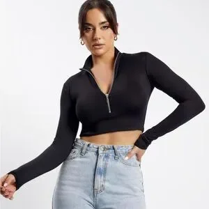Black Meshki Long sleeve Mock Turtleneck Crop top Zip top XL